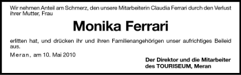 Traueranzeige von Monika Ferrari von Dolomiten