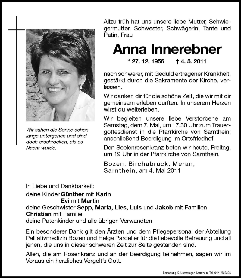 Traueranzeige für Anna Innerebner vom 06.05.2011 aus Dolomiten