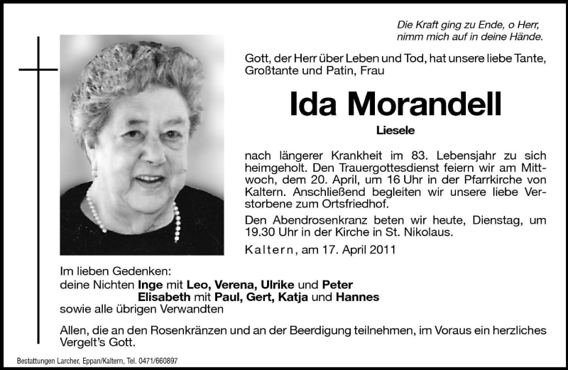  Traueranzeige für Ida Morandell vom 19.04.2011 aus Dolomiten
