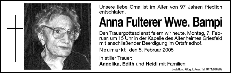  Traueranzeige für Anna Bampi vom 07.02.2005 aus Dolomiten