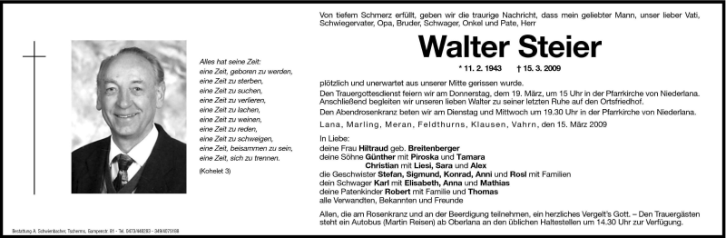  Traueranzeige für Walter Steier vom 17.03.2009 aus Dolomiten