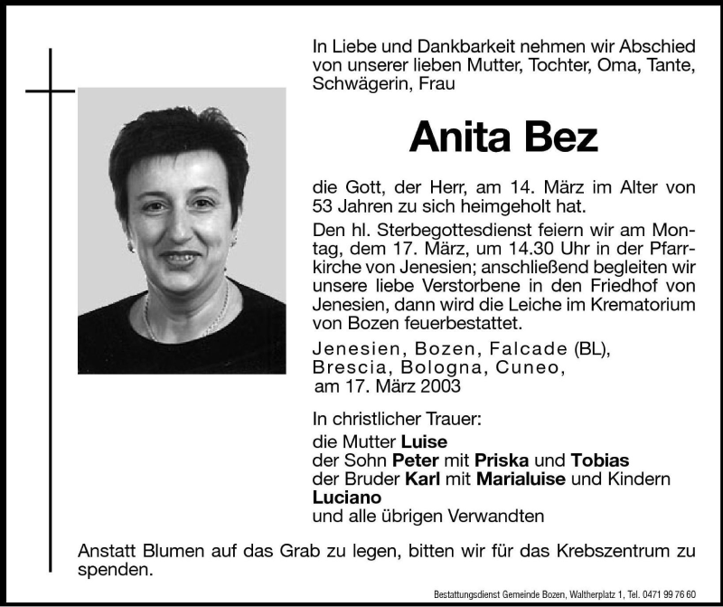  Traueranzeige für Anita Bez vom 15.03.2003 aus Dolomiten