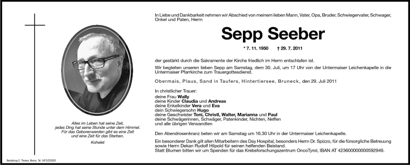  Traueranzeige für Sepp Seeber vom 30.07.2011 aus Dolomiten