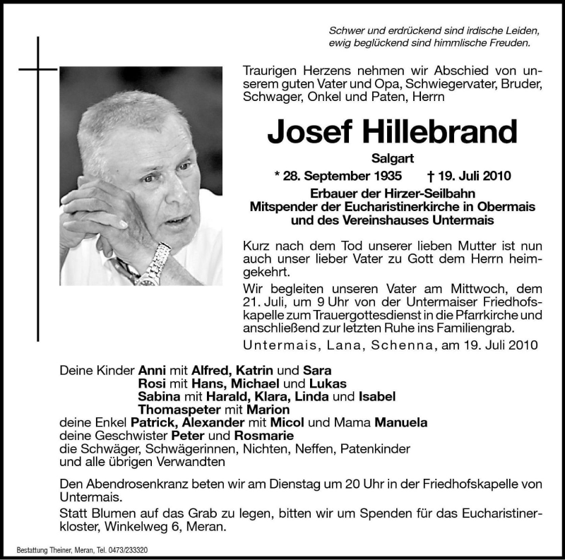  Traueranzeige für Josef Peter Hillebrand vom 20.07.2010 aus Dolomiten