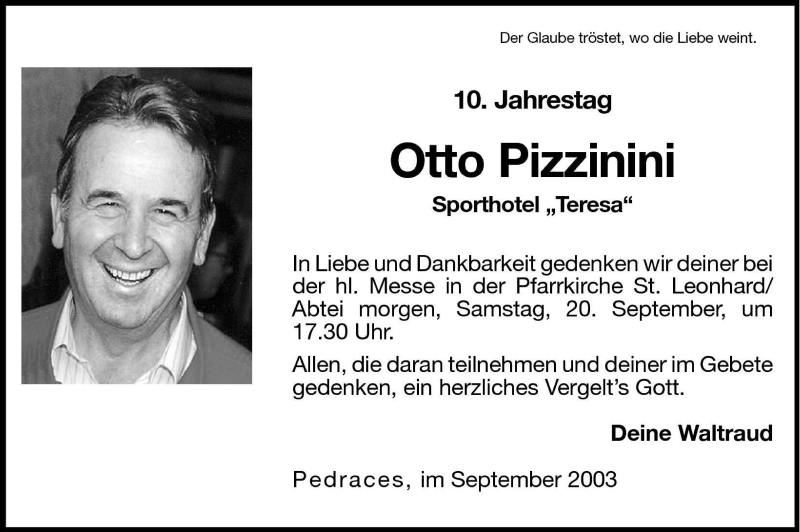 Traueranzeige für Otto Pizzinini vom 19.09.2003 aus Dolomiten