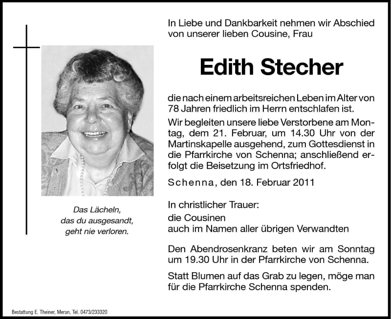  Traueranzeige für Edith Stecher vom 19.02.2011 aus Dolomiten