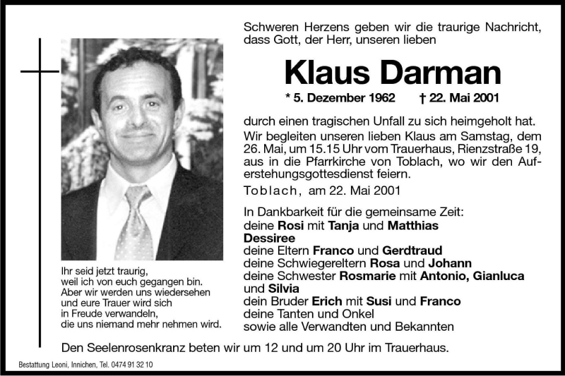  Traueranzeige für Klaus Darman vom 25.05.2001 aus Dolomiten