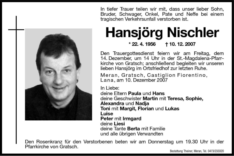  Traueranzeige für Hansjörg Nischler vom 12.12.2007 aus Dolomiten