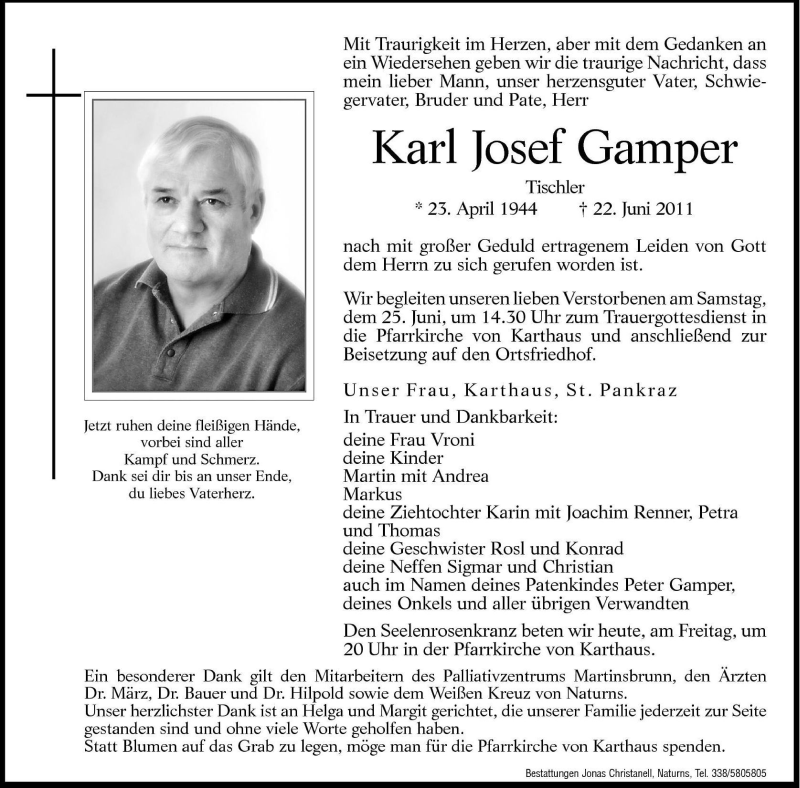  Traueranzeige für Karl Josef Gamper vom 24.06.2011 aus Dolomiten
