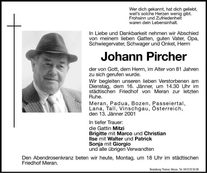 Traueranzeige für Hans Pircher vom 15.01.2001 aus Dolomiten