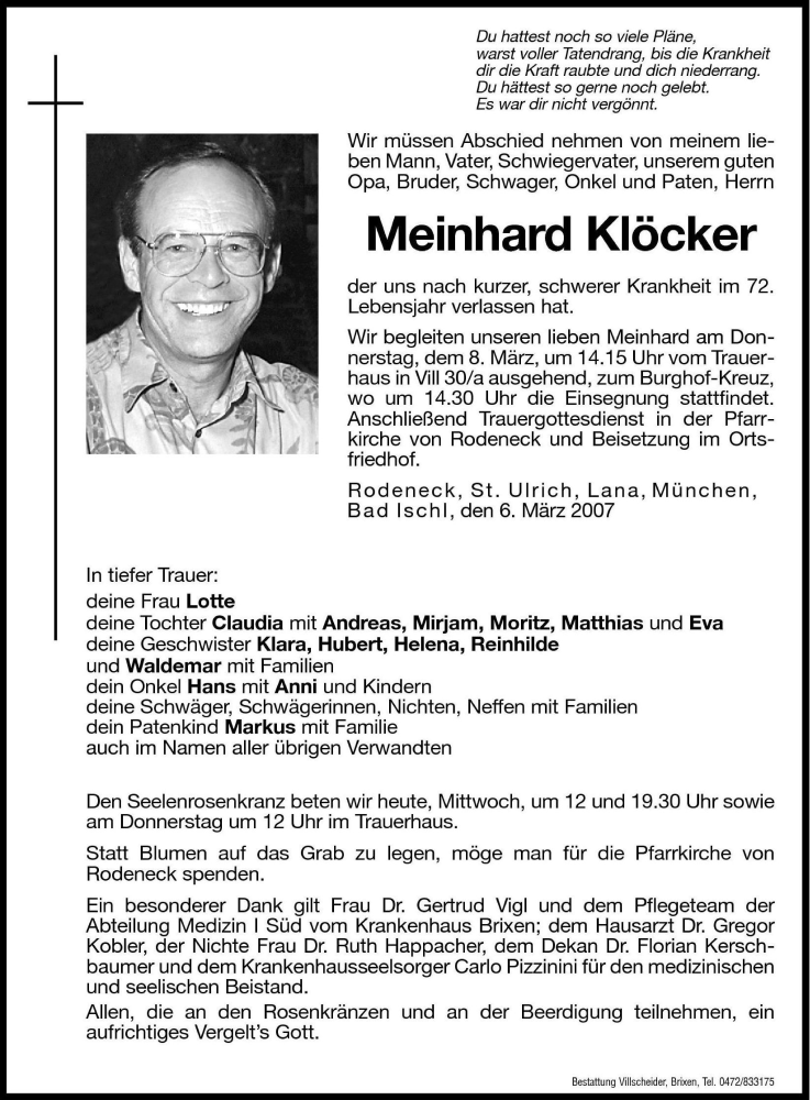  Traueranzeige für Meinhard Klöcker vom 07.03.2007 aus Dolomiten