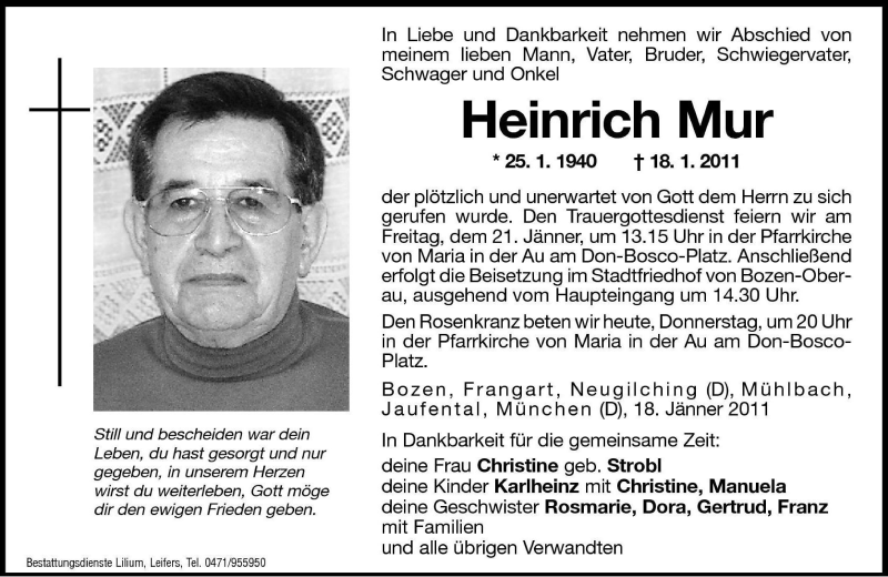  Traueranzeige für Heinrich Mur vom 20.01.2011 aus Dolomiten