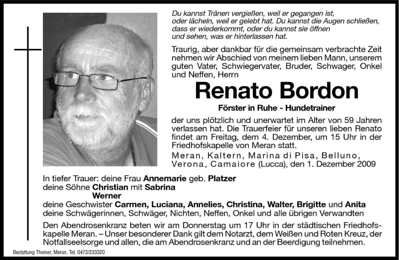  Traueranzeige für Renato Bordon vom 03.12.2009 aus Dolomiten