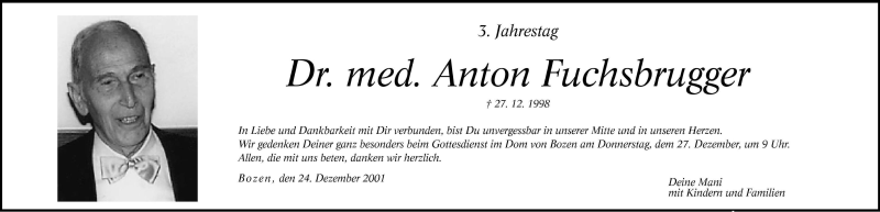  Traueranzeige für Anton Fuchsbrugger vom 24.12.2001 aus Dolomiten