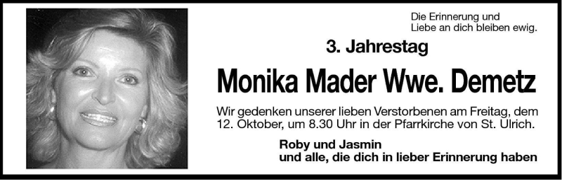  Traueranzeige für Monika Demetz vom 11.10.2001 aus Dolomiten