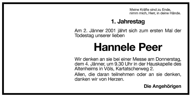  Traueranzeige für Hannele Peer vom 02.01.2001 aus Dolomiten