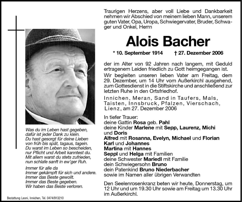  Traueranzeige für Alois Bacher vom 28.12.2006 aus Dolomiten