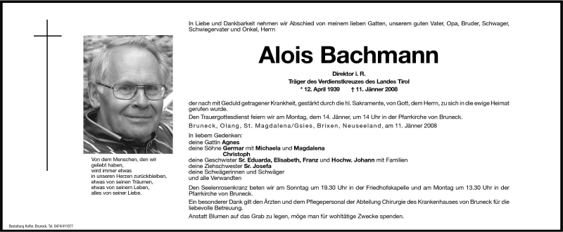  Traueranzeige für Alois Bachmann vom 12.01.2008 aus Dolomiten