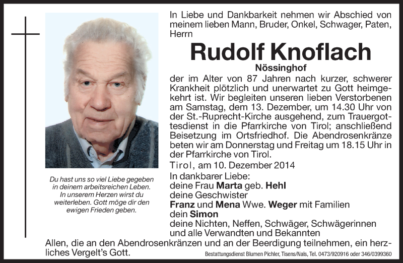  Traueranzeige für Rudolf Knoflach vom 12.12.2014 aus Athesia Dolmiten