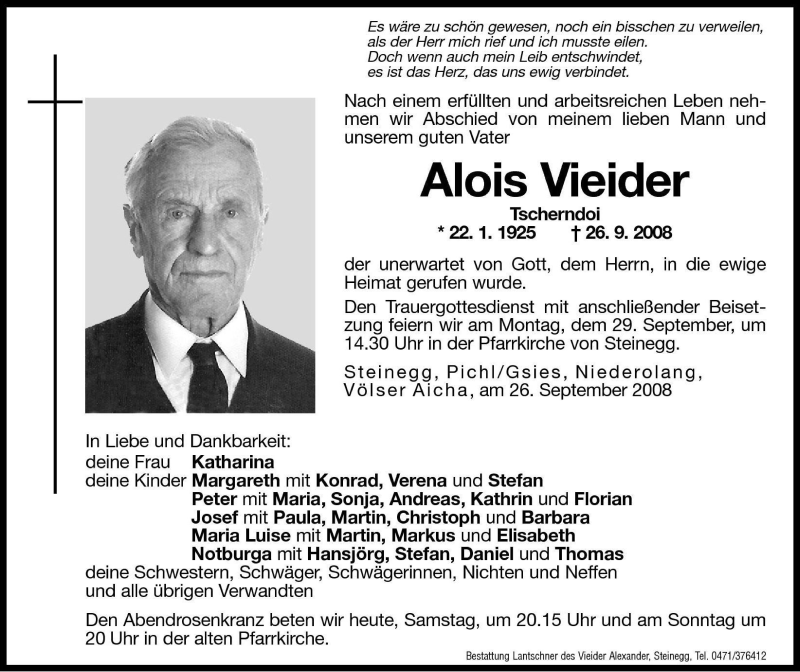  Traueranzeige für Alois Vieider vom 27.09.2008 aus Dolomiten