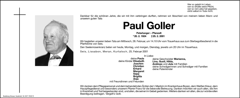  Traueranzeige für Paul Goller vom 26.02.2001 aus Dolomiten