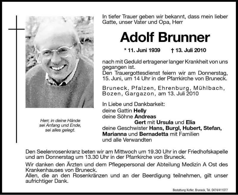  Traueranzeige für Adolf Brunner vom 14.07.2010 aus Dolomiten