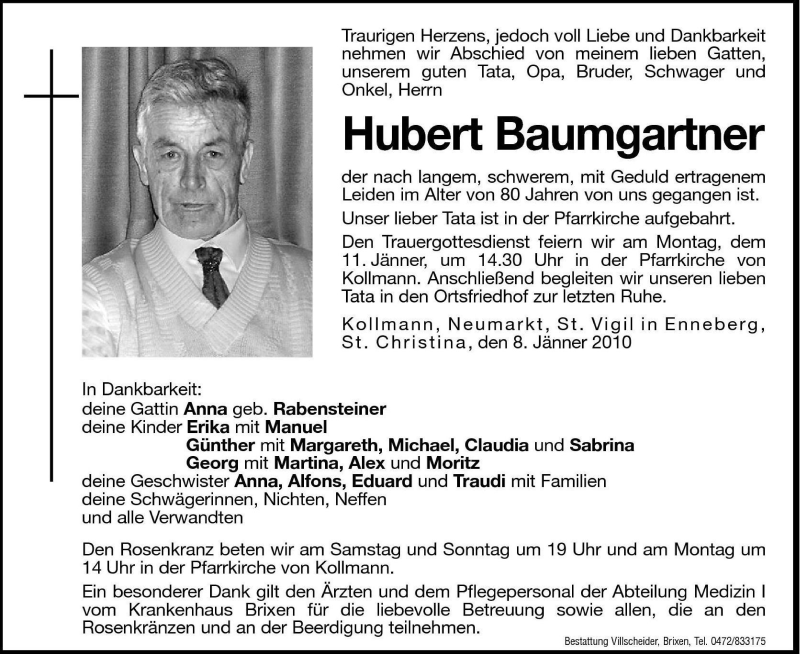  Traueranzeige für Hubert Baumgartner vom 09.01.2010 aus Dolomiten