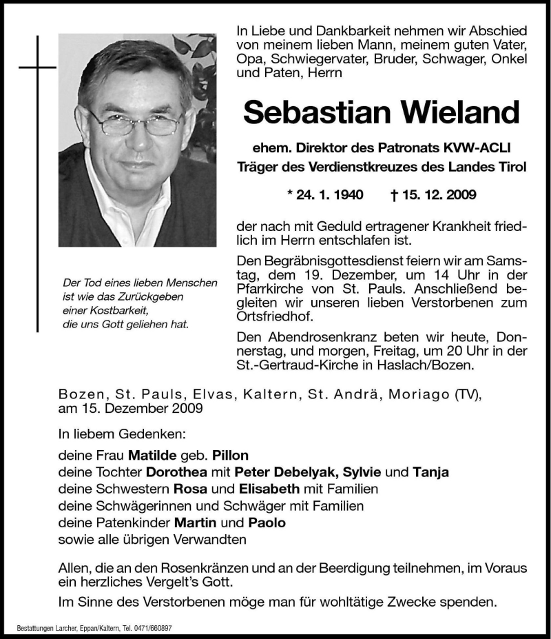  Traueranzeige für Sebastian Wieland vom 17.12.2009 aus Dolomiten