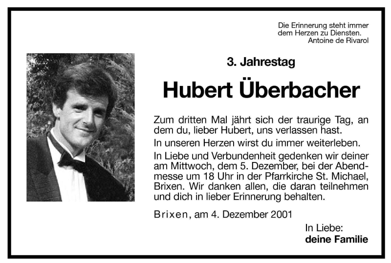  Traueranzeige für Hubert Überbacher vom 04.12.2001 aus Dolomiten