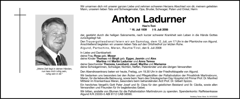  Traueranzeige für Anton Ladurner vom 11.07.2008 aus Dolomiten