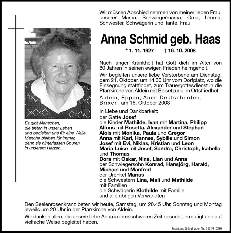  Traueranzeige für Anna Schmid vom 18.10.2008 aus Dolomiten