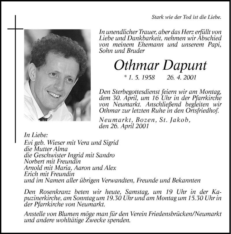  Traueranzeige für Othmar Dapunt vom 28.04.2001 aus Dolomiten