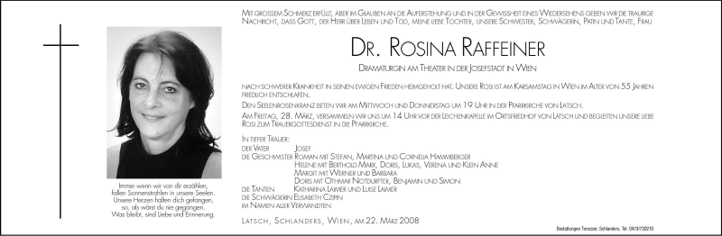  Traueranzeige für Rosina Raffeiner vom 26.03.2008 aus Dolomiten
