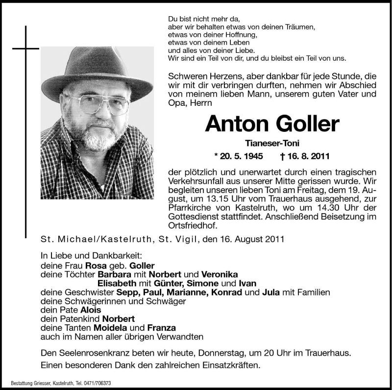  Traueranzeige für Anton Goller vom 18.08.2011 aus Dolomiten