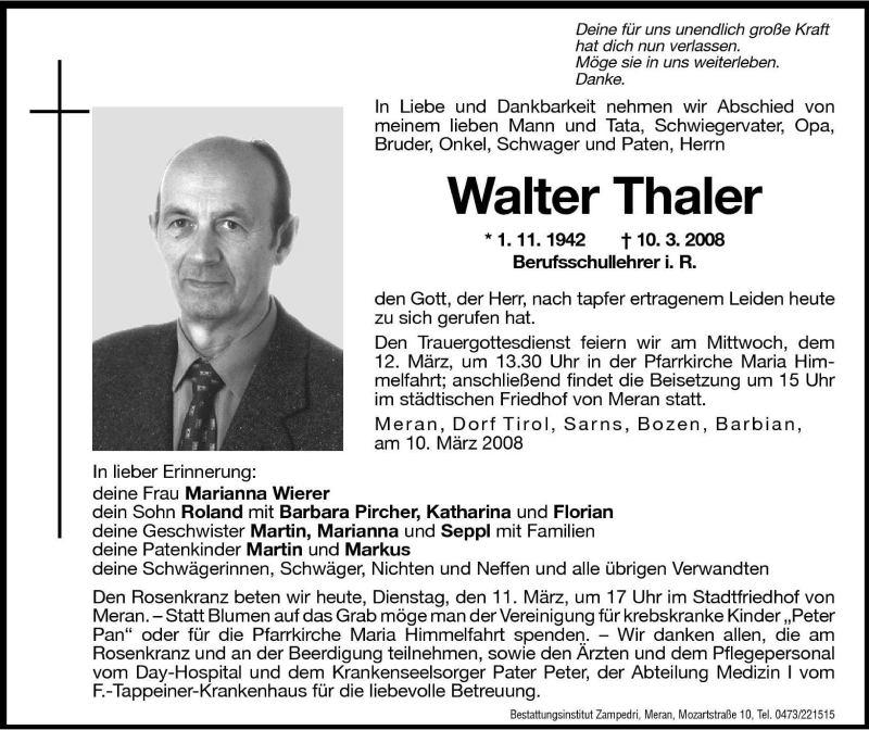  Traueranzeige für Walter Thaler vom 11.03.2008 aus Dolomiten