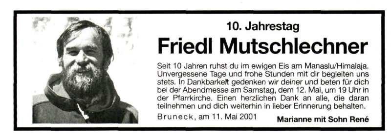  Traueranzeige für Friedl Mutschlechner vom 11.05.2001 aus Dolomiten