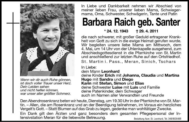  Traueranzeige für Barbara Raich vom 03.05.2011 aus Dolomiten