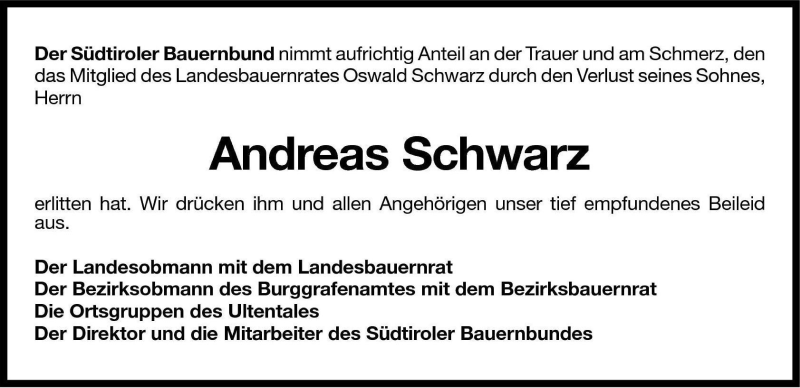  Traueranzeige für Andreas Schwarz vom 01.12.2009 aus Dolomiten