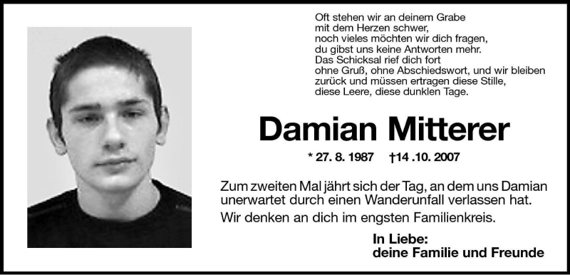  Traueranzeige für Damian Mitterer vom 14.10.2009 aus Dolomiten