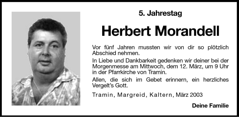  Traueranzeige für Herbert Morandell vom 11.03.2003 aus Dolomiten