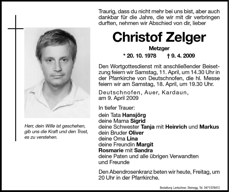  Traueranzeige für Christof Zelger vom 10.04.2009 aus Dolomiten