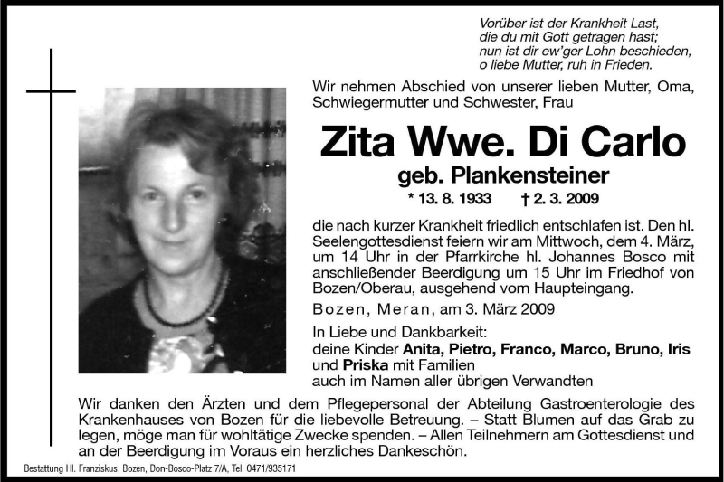  Traueranzeige für Zita Di Carlo vom 03.03.2009 aus Dolomiten