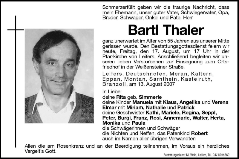  Traueranzeige für Bartl Thaler vom 17.08.2007 aus Dolomiten