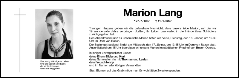  Traueranzeige für Marion Lang vom 16.01.2007 aus Dolomiten