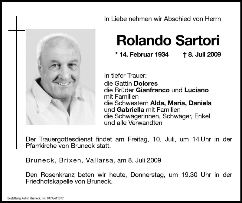  Traueranzeige für Rolando Sartori vom 09.07.2009 aus Dolomiten