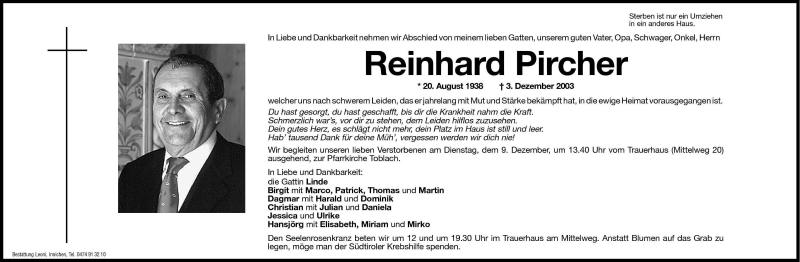  Traueranzeige für Reinhard Pircher vom 05.12.2003 aus Dolomiten