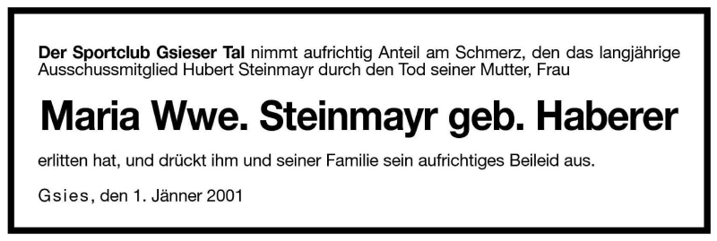  Traueranzeige für Maria Steinmayr vom 02.01.2001 aus Dolomiten