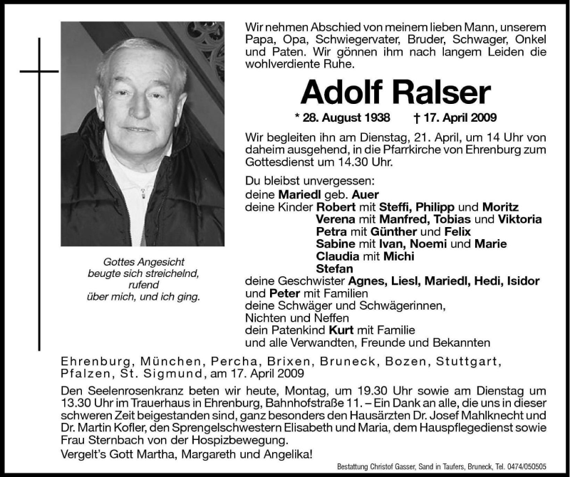  Traueranzeige für Adolf Ralser vom 20.04.2009 aus Dolomiten