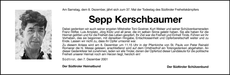  Traueranzeige für Sepp Kerschbaumer vom 07.12.2001 aus Dolomiten