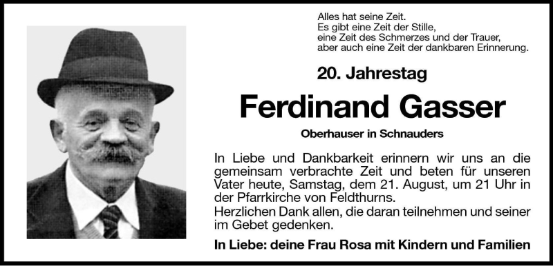  Traueranzeige für Ferdinand Gasser vom 21.08.2010 aus Dolomiten